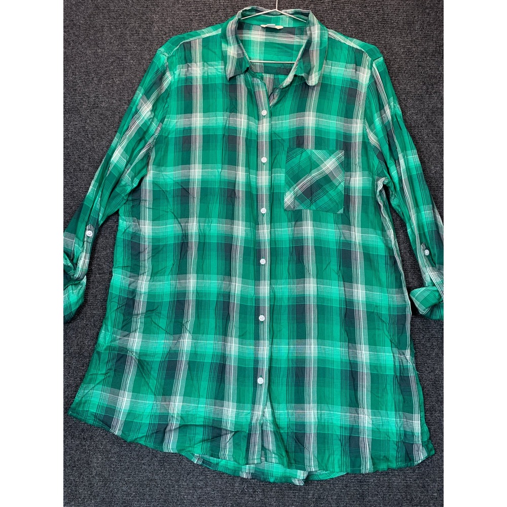 Cato Plaid Lightweight Women L Green Rayon Roll Tab Sleeve Grunge Longline Tunic